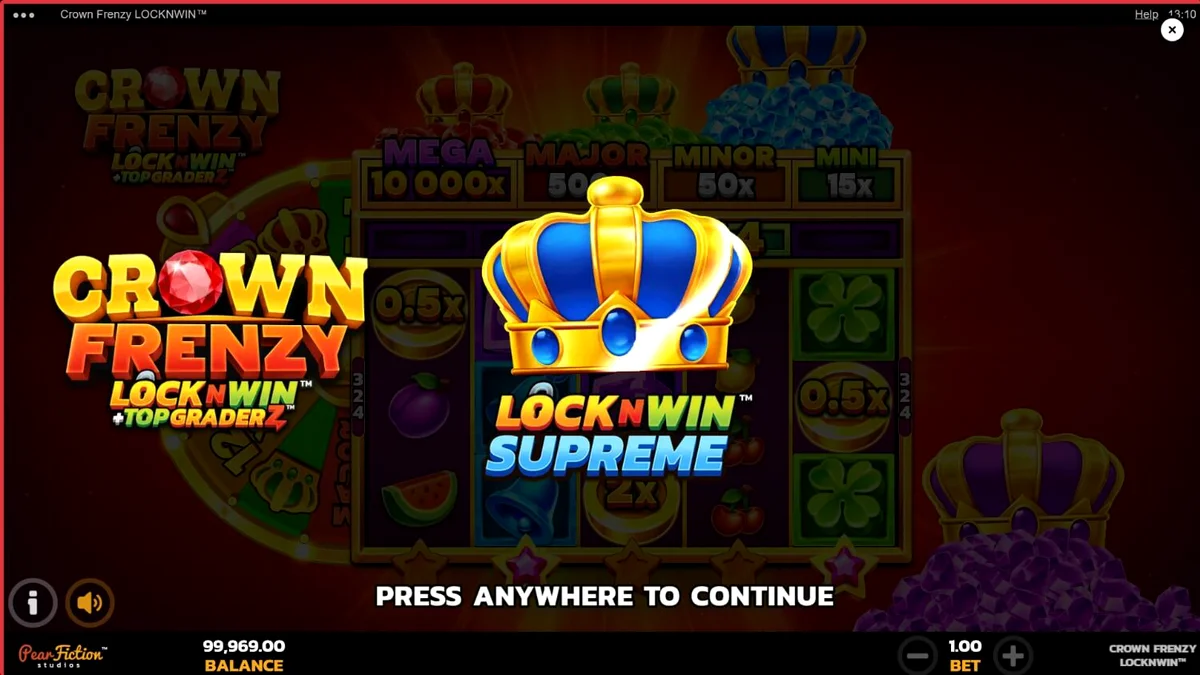 Tampilan visual mewah dari slot Crown Frenzy LockNWin dengan simbol permata dan mahkota.