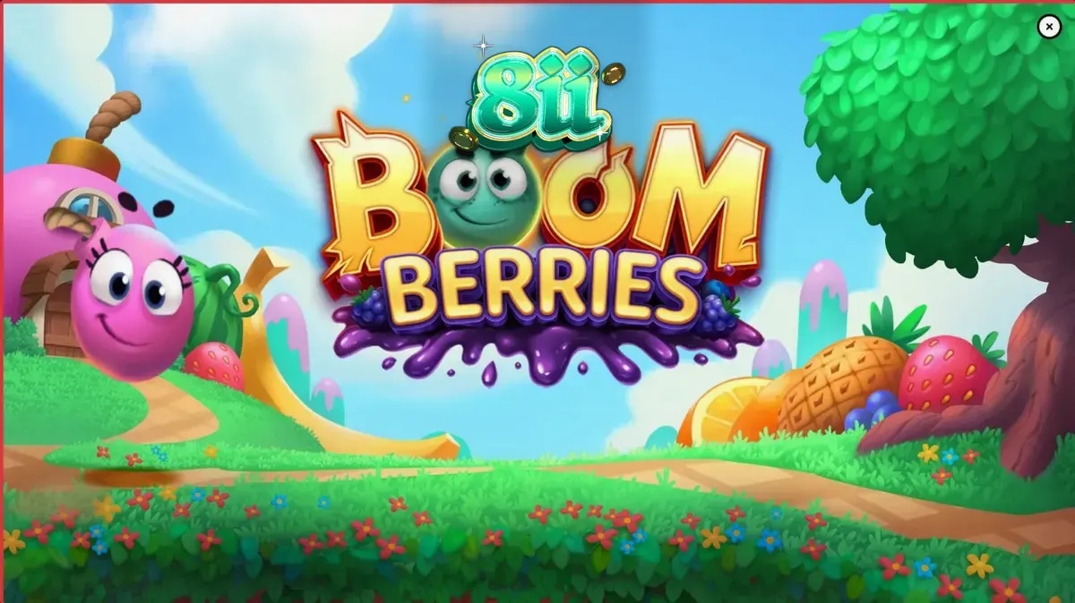 Tampilan visual slot Boomberries dengan latar desa dongeng buah