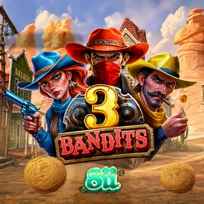 Tampilan visual slot 3 Bandits dengan tema Wild West yang penuh aksi